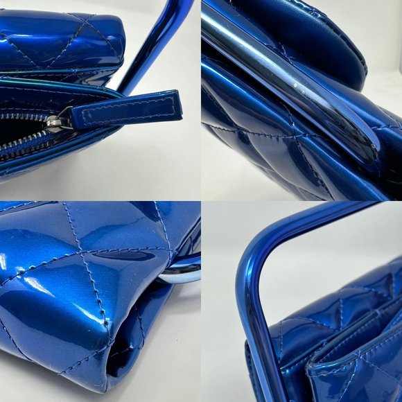 CHANEL 2014 Runway Electric Blue Patent Leather Quilted Bag Metal Handle Rectang - Picture 12 of 13